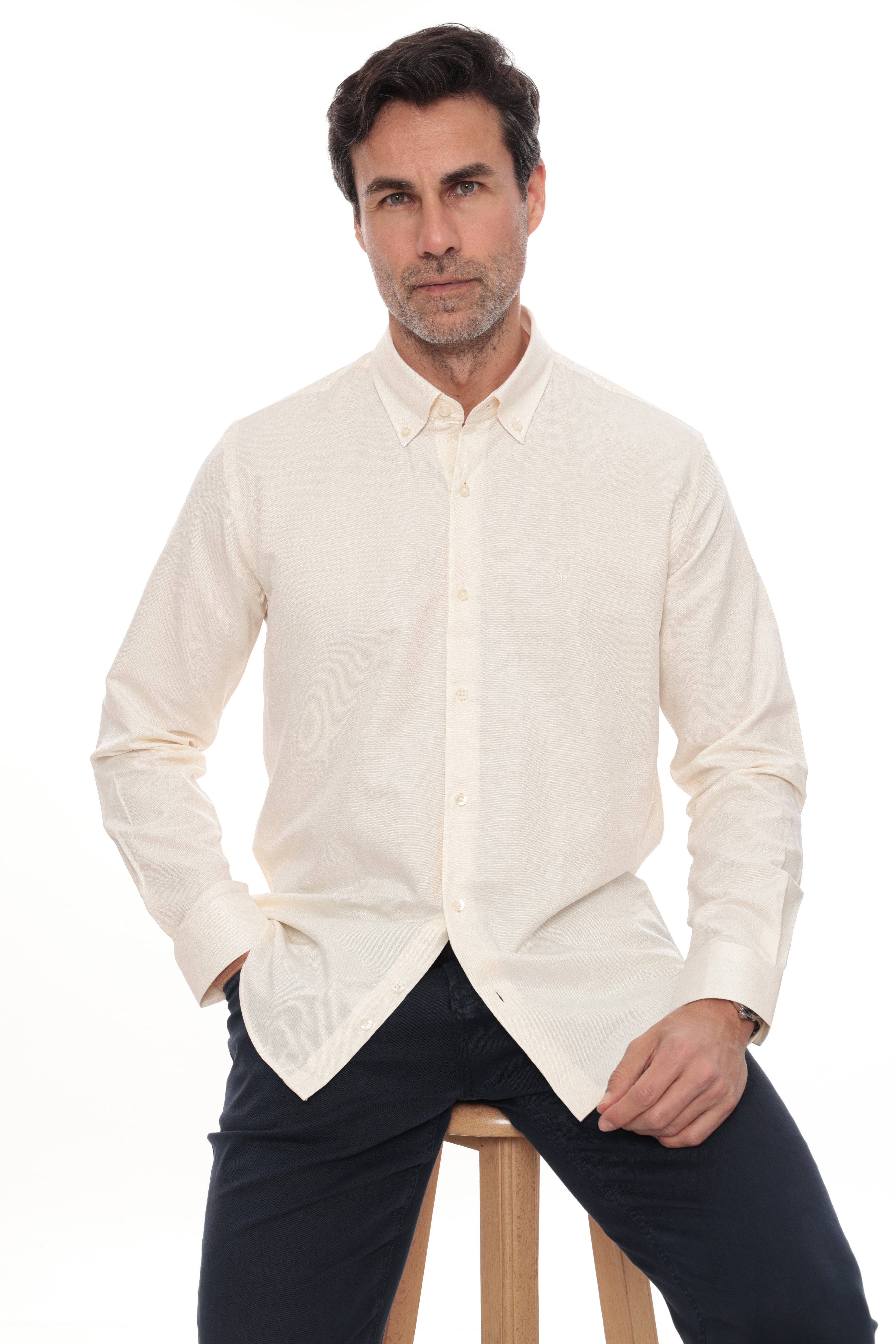 Slim Fit Uzun Kol Pamuklu Hediye Kutulu Kolay Ütülenebilir Erkek Gömlek FS-002225 - Krem