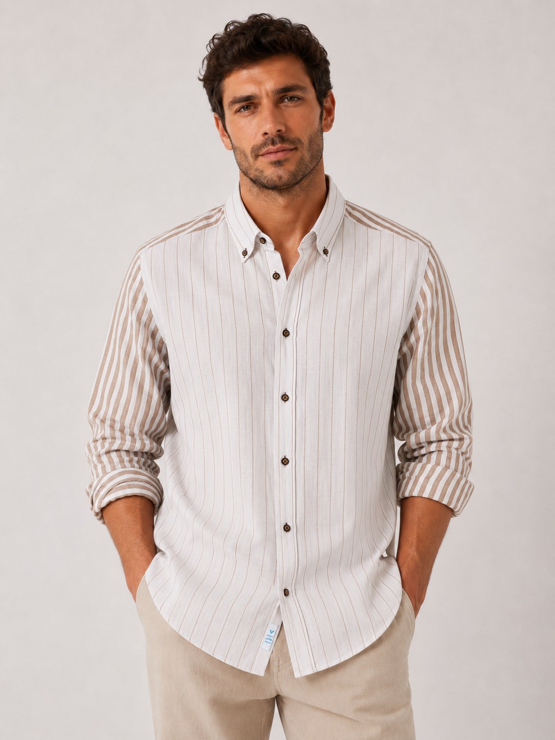 Slim Fit Uzun Kol Keten Likra Çift Desen Cepsiz Hediye Kutulu Erkek Gömlek FS-004577 - Bej