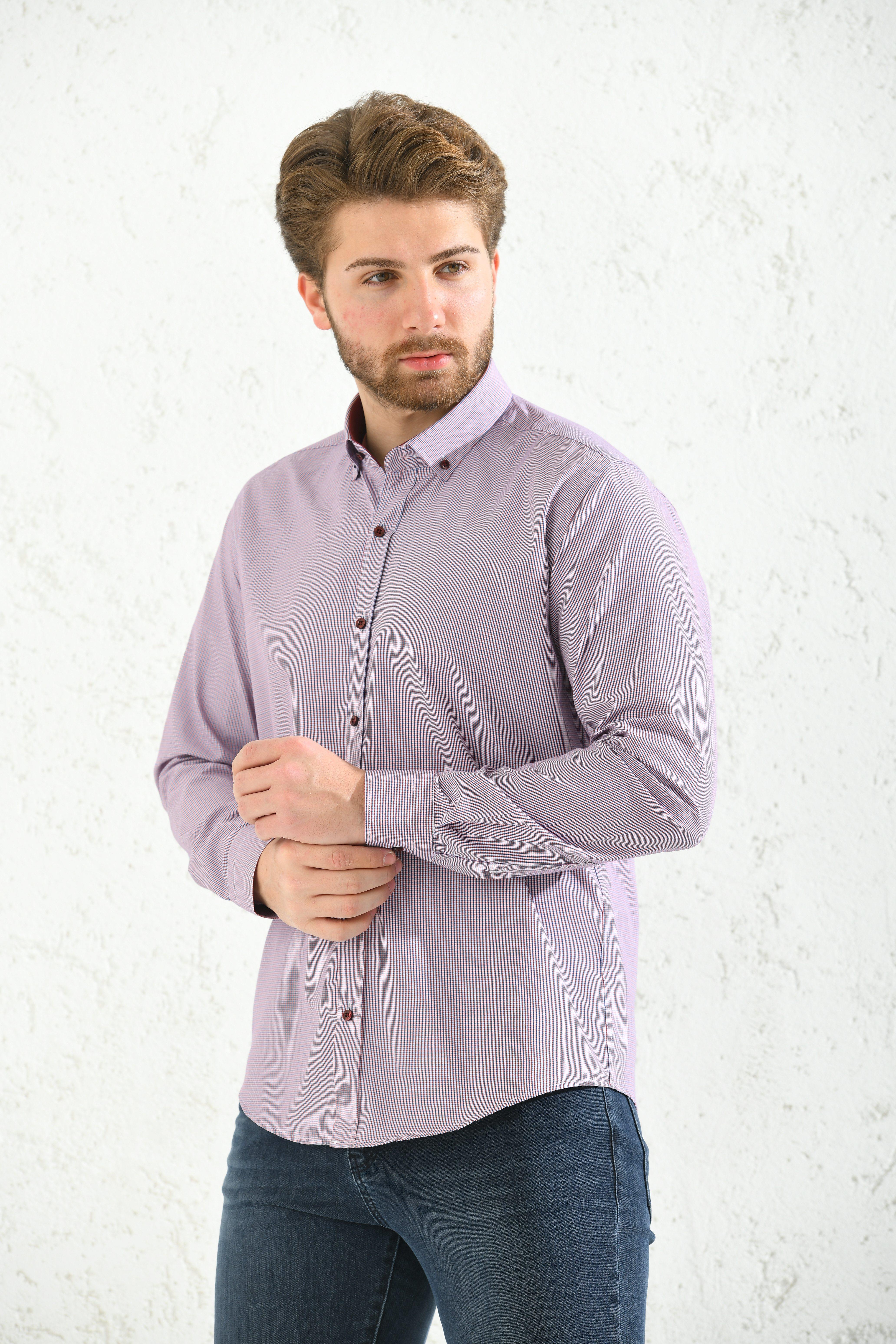 Slim Fit Uzun Kol Pöti Kareli Yaka Düğmeli Hediye Kutulu Erkek Gömlek FS-001373 - Bordo