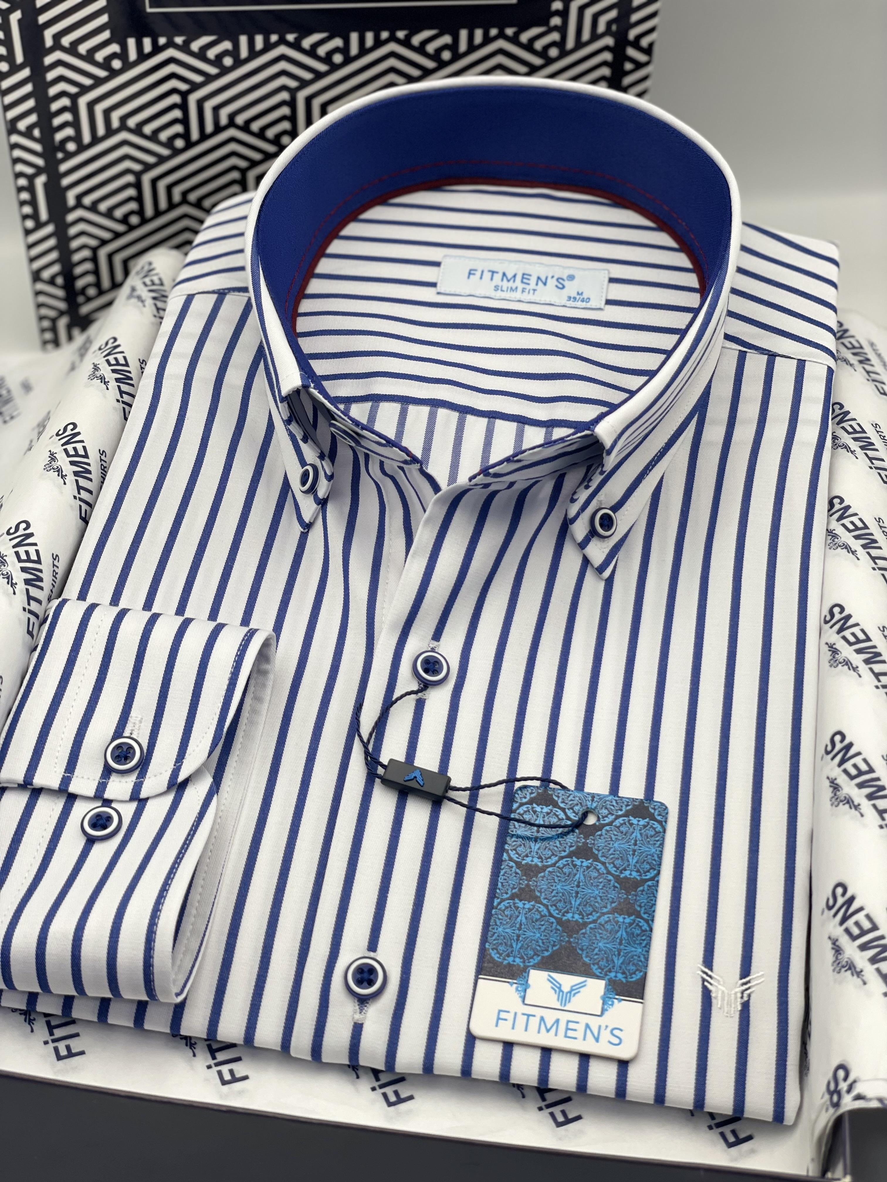 Slim Fit Uzun Kol Premium Kalın Çizgili Yaka Düğmeli Hediye Kutulu Kolay Ütülenebilir Erkek Gömlek FS-001375 - Beyaz Saks Mavi