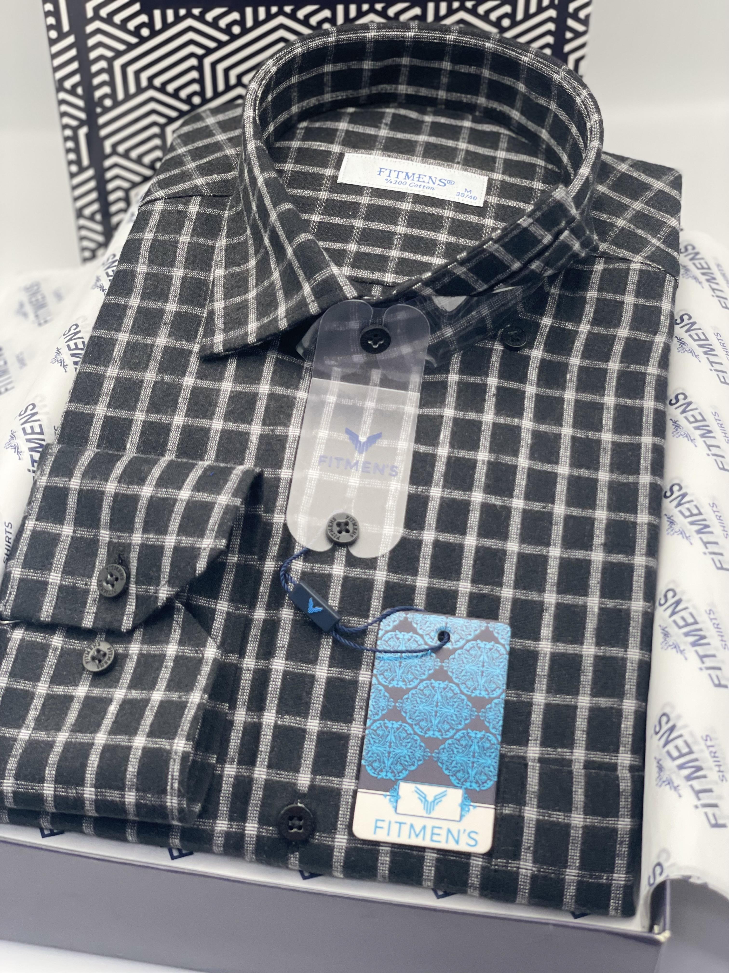 Klasik Uzun Kol Kışlık Kareli %100 Cotton Yaka Alttan Düğmeli Hediye Kutulu Erkek Gömlek FS-003129 - Siyah