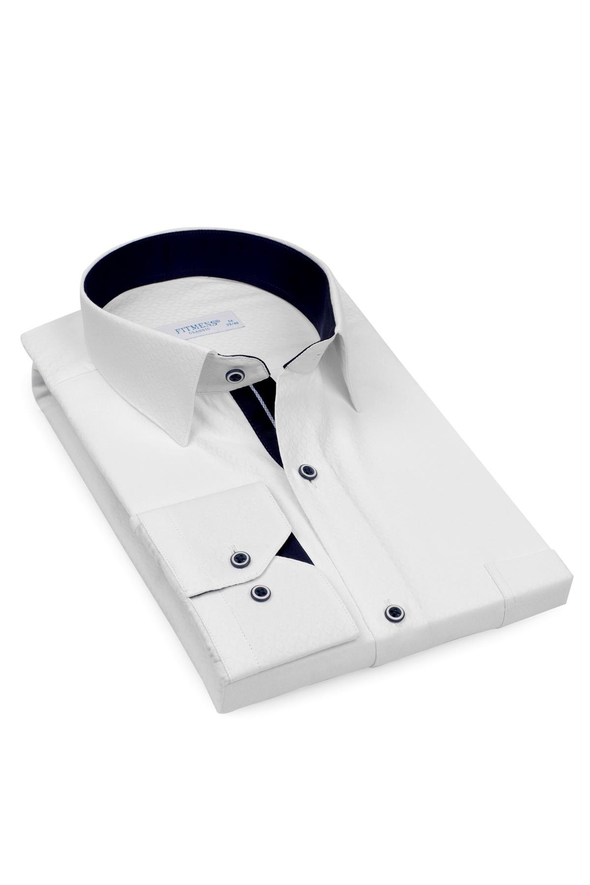 Klasik Uzun Kol Baklava Desenli Jakarlı Hediye Kutulu Erkek Gömlek FS-001366 - Beyaz