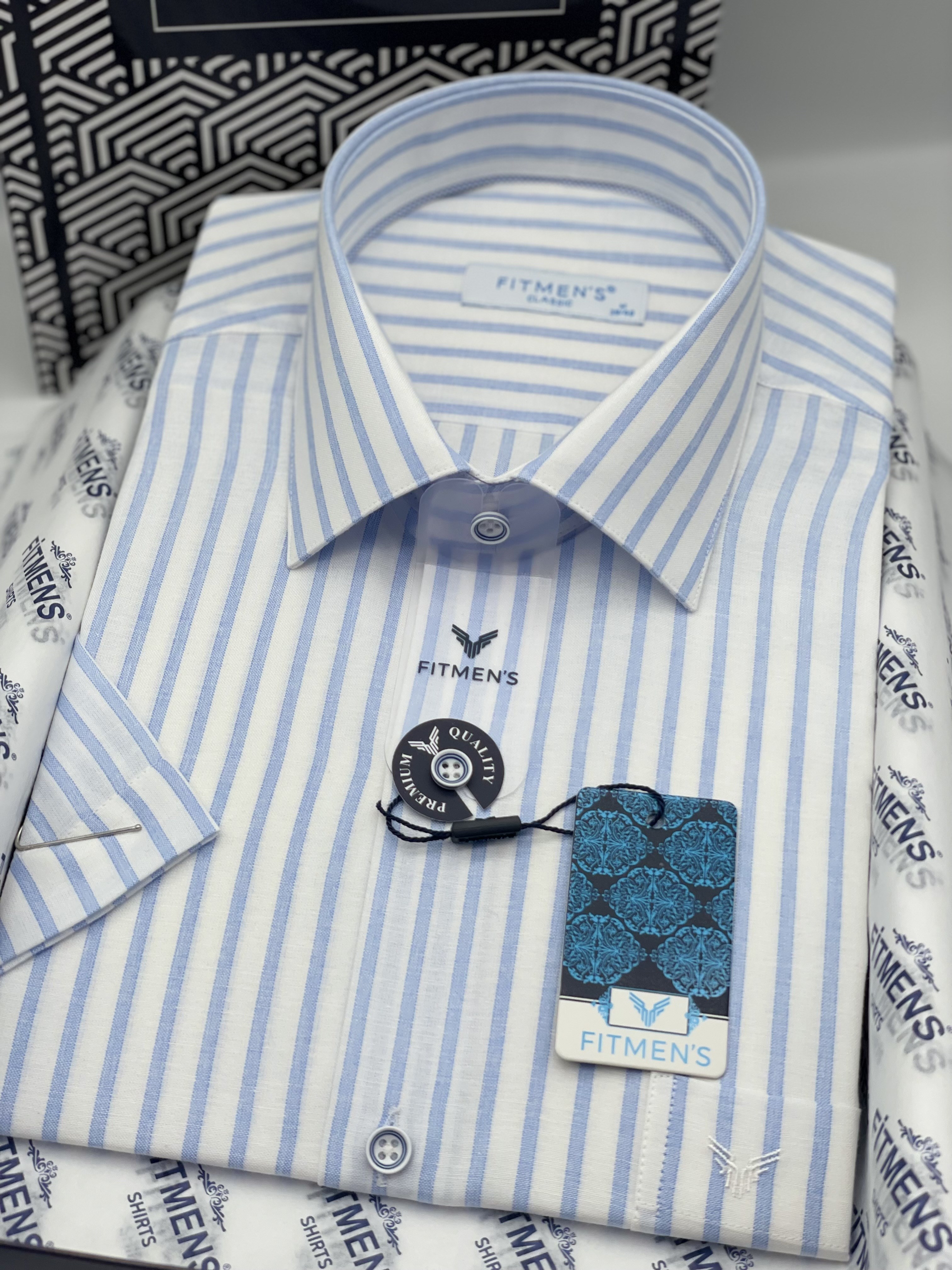 Klasik Kısa Kol Keten Cotton Nefes Alan Kumaş Hediye Kutulu Erkek Gömlek FS-004571 - Açık Mavi