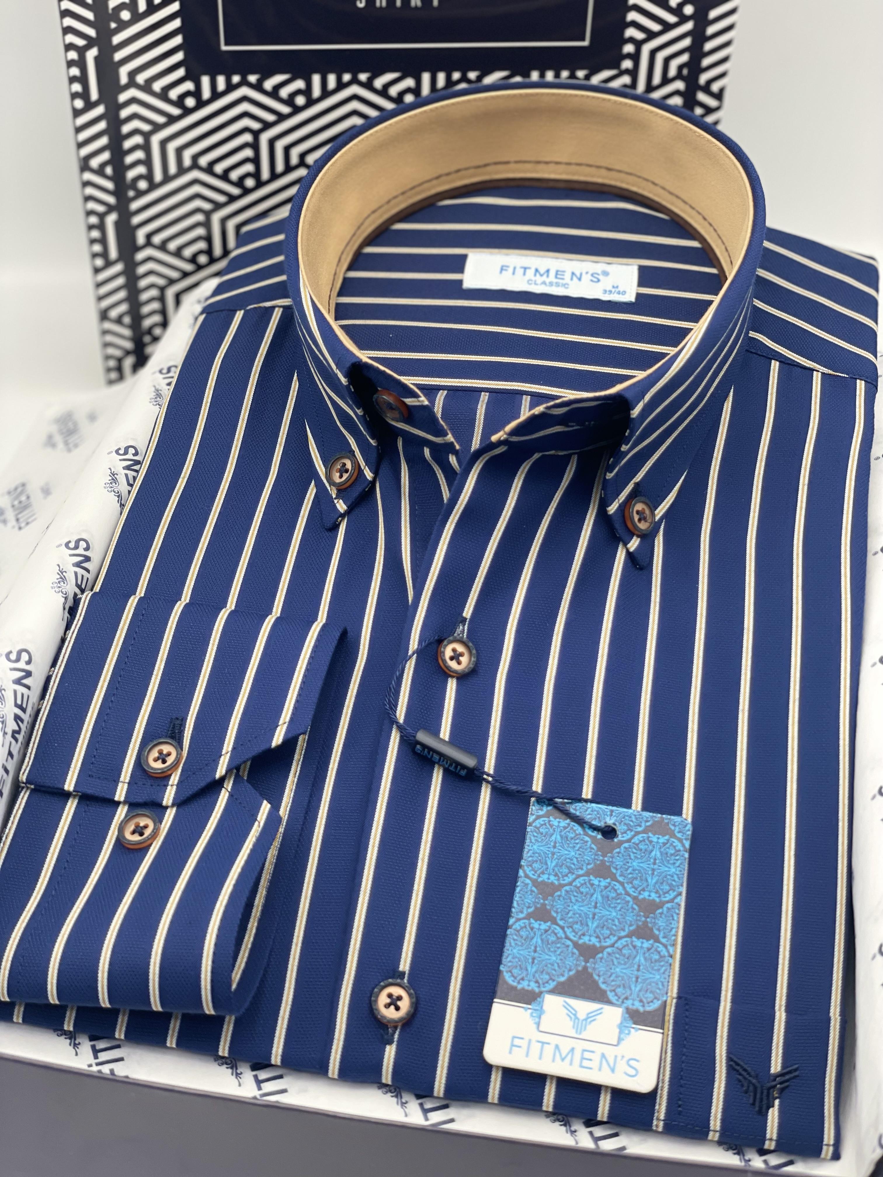 Klasik Geniş Kesim Uzun Kol Elegance Çizgili Yaka Düğmeli Hediye Kutulu Erkek Gömlek FS-004340 - Lacivert Hardal