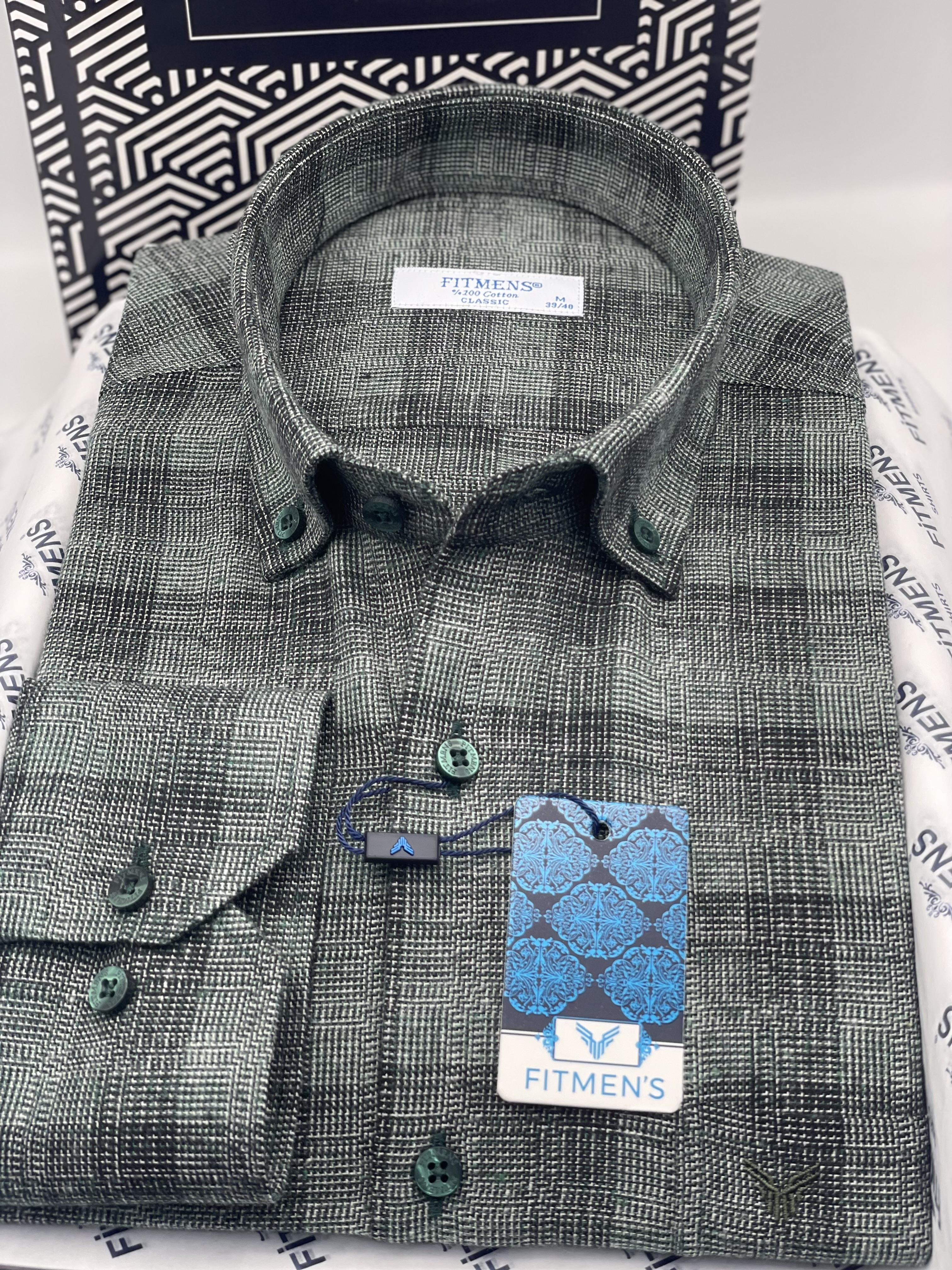Klasik Uzun Kol Kışlık %100 Cotton Kareli Yaka Düğmeli Hediye Kutulu Erkek Gömlek FS-003135 - Yeşil