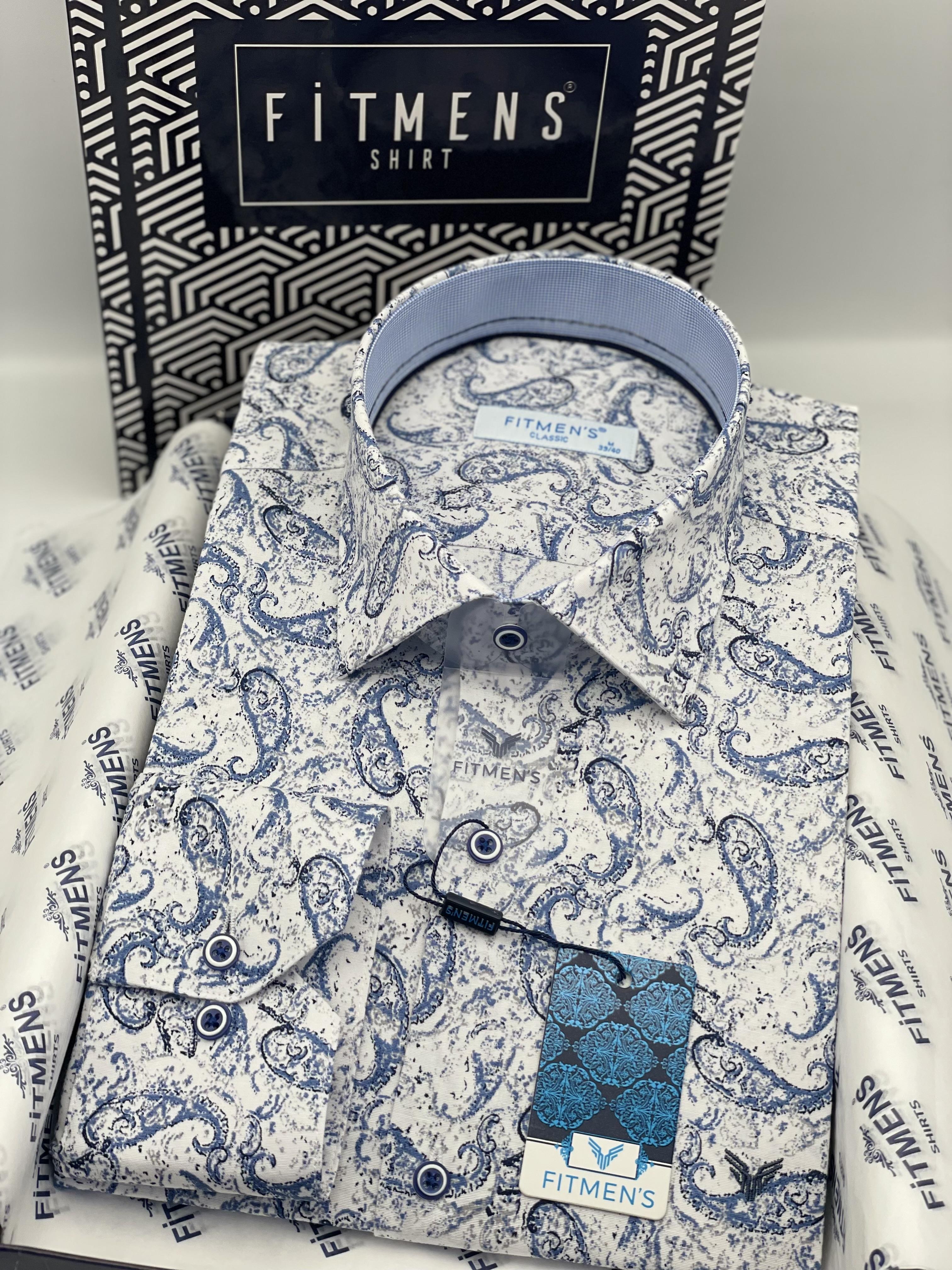 Klasik Uzun Kol Likralı Cepsiz Şal Desen Yaka Alttan Düğmeli Hediye Kutulu Erkek Gömlek FS-003668 - Beyaz Mavi