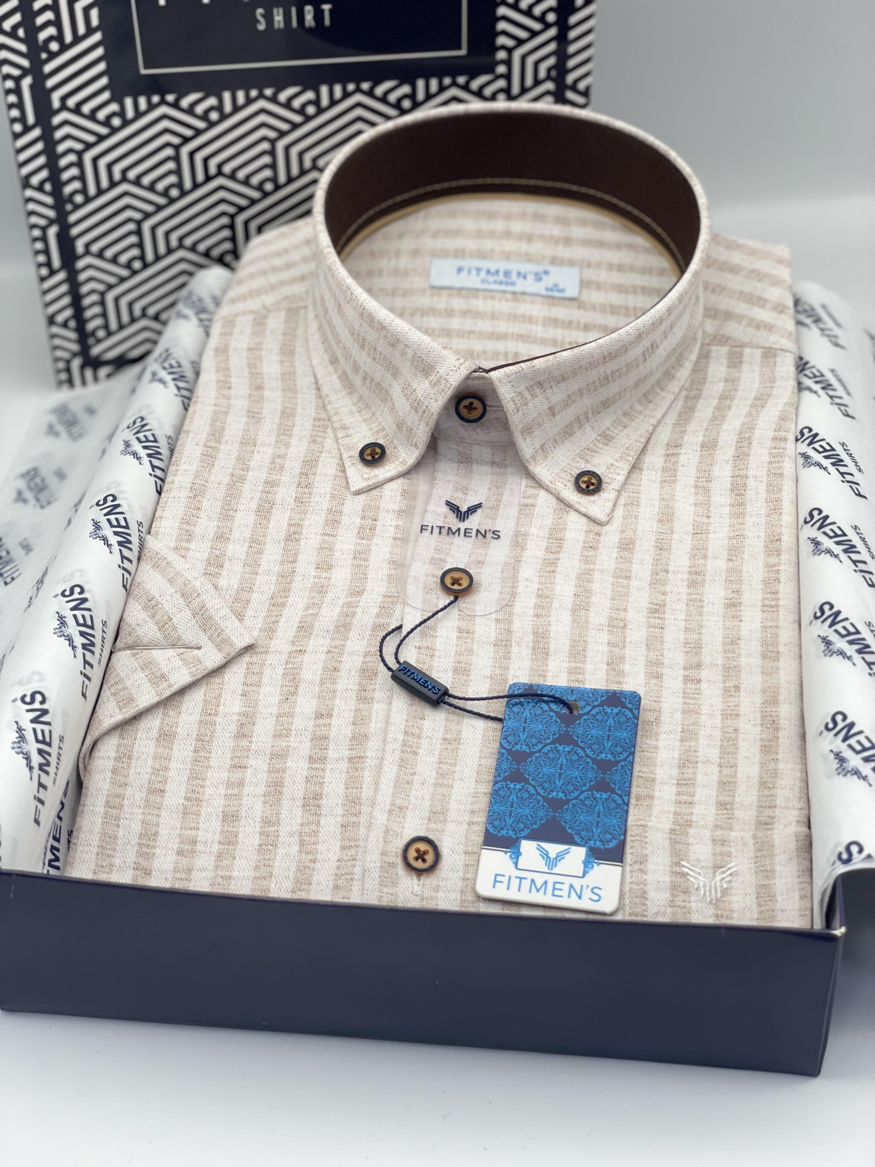 Klasik Kısa Kol Keten Cotton Yaka Düğmeli Hediye Kutulu Erkek Gömlek FS-004152 - Bej