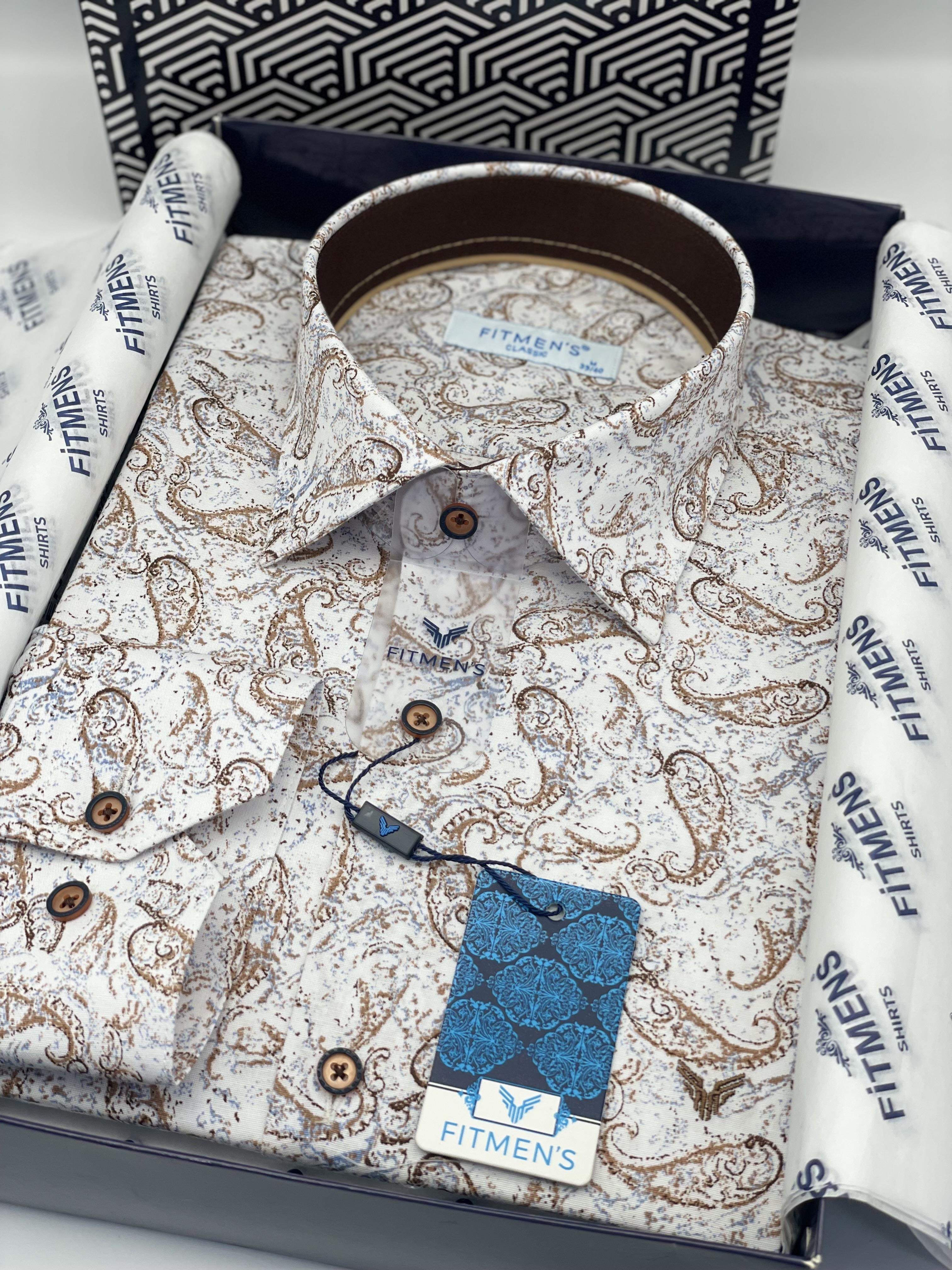 Klasik Uzun Kol Likralı Cepsiz Şal Desen Yaka Alttan Düğmeli Hediye Kutulu Erkek Gömlek FS-003668 - Beyaz Bej