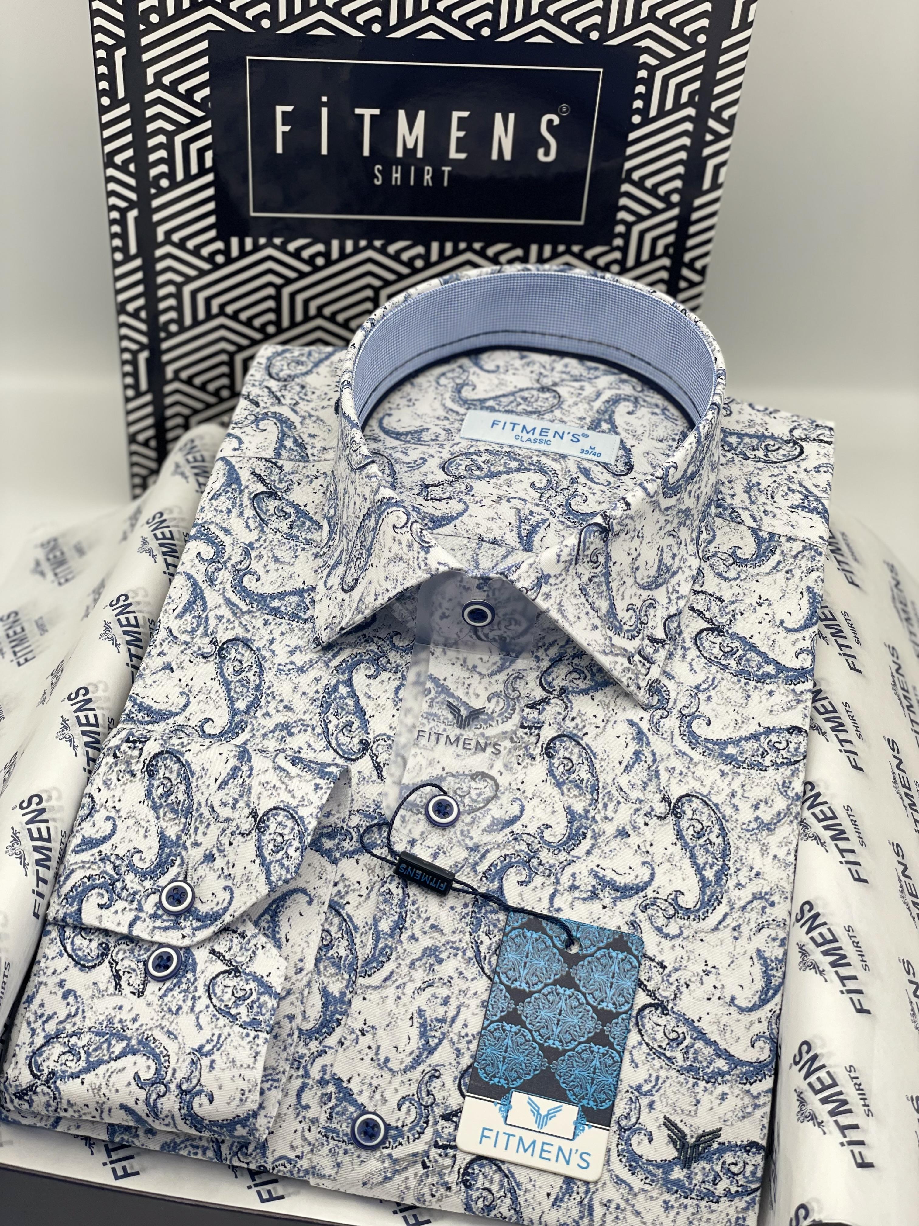 Klasik Uzun Kol Likralı Cepsiz Şal Desen Yaka Alttan Düğmeli Hediye Kutulu Erkek Gömlek FS-003668 - Beyaz Mavi