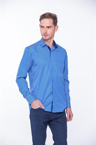 Klasik Uzun Kol Premium Kalın Çizgili Hediye Kutulu Erkek Gömlek FS-001266 - Saks Mavi Beyaz