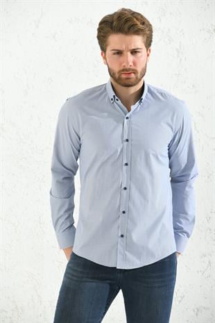 Slim Fit Uzun Kol Pöti Kareli Yaka Düğmeli Hediye Kutulu Erkek Gömlek FS-001373 - Gri