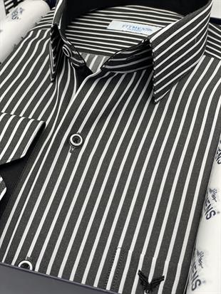 Klasik Uzun Kol Premium Kalın Çizgili Hediye Kutulu Erkek Gömlek FS-001266 - Siyah Beyaz