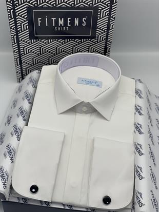 Slim Fit Uzun Kol Gizli Düğmeli Likralı Smokin Damatlık Erkek Gömlek FS-004296 - Krem