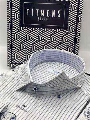 Klasik Uzun Kol Çizgili Keten Cotton Cepsiz Yaka Düğmeli Erkek Hediye Kutulu Gömlek FS-003169 - Beyaz