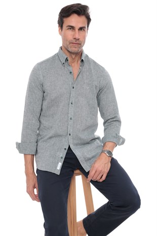 Slim Fit Uzun Kol Yaka Düğmeli Nefes Alan Keten Hediye Kutulu Erkek Gömlek FS-004548 - Yeşil