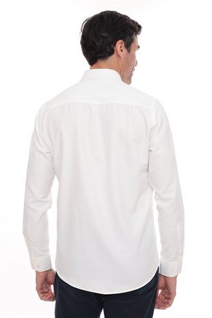 Slim Fit Uzun Kol Baklava Desen Kol Nakışlı Yaka Düğmeli Hediye Kutulu Şık Erkek Gömlek FS-004200 - Krem
