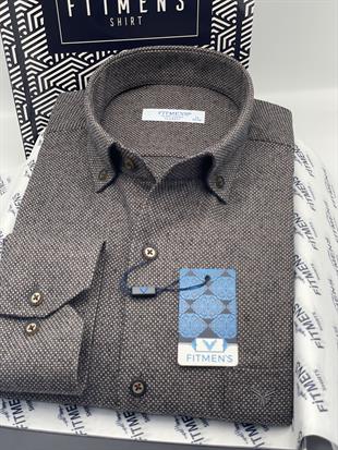 Klasik Uzun Kol Kışlık Yaka Düğmeli Yünlü %100 Cotton Hediye Kutulu Erkek Gömlek FS-003768 - Kahverengi