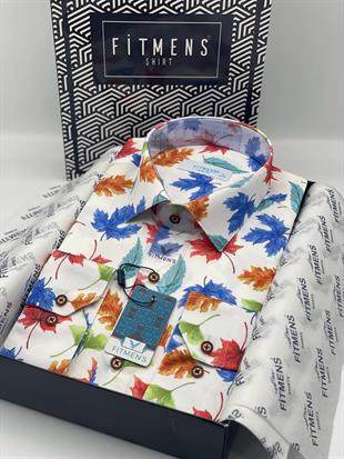 Slim Fit Uzun Kol Dijital Yaprak Baskılı Turuncu Gömlek FS-003235 - Turuncu