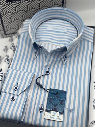 Slim Fit Uzun Kol Likralı Çizgili Yaka Düğmeli Hediye Kutulu Erkek Gömlek FS-003669 - Açık Mavi
