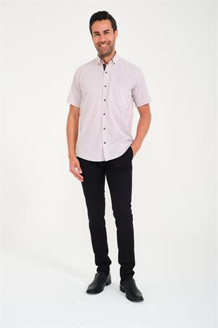 Klasik Kısa Kol Çarpı Filafil Desen Düğmeli Yaka Hediye Kutulu Erkek Gömlek FS-001215 - Bej