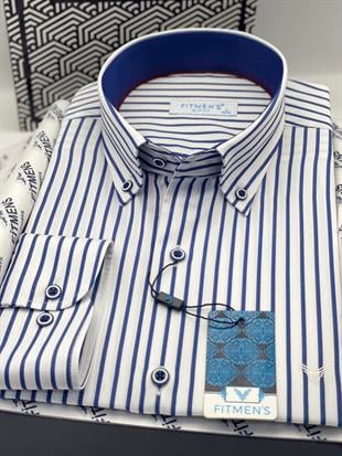 Slim Fit Uzun Kol Premium Kalın Çizgili Yaka Düğmeli Hediye Kutulu Kolay Ütülenebilir Erkek Gömlek FS-001375 - Beyaz Saks Mavi