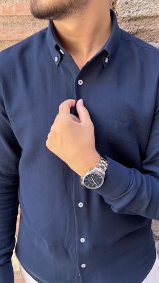 Slim Fit Uzun Kol Müslin Pamuk Rahat Nefes Alabilen Kumaştan Yaka Düğmeli Hediye Kutulu Erkek Gömlek FS-004202 - Lacivert