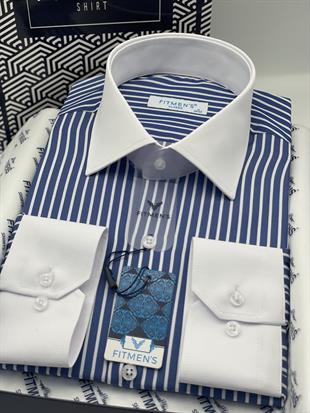 Klasik Uzun Kol Cepsiz Yaka Manşet Beyaz Hediye Kutulu Erkek Gömlek FS-004325 - Saks Mavi Beyaz