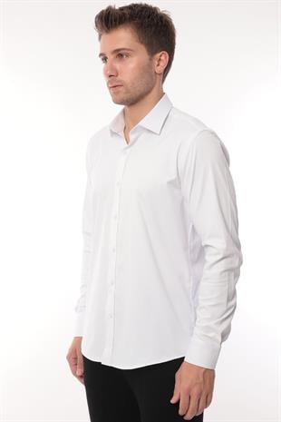 Slim Fit Uzun Kol Likralı Hediye Kutulu Kolay Ütülenebilir Erkek Gömlek FS-002969 - Beyaz