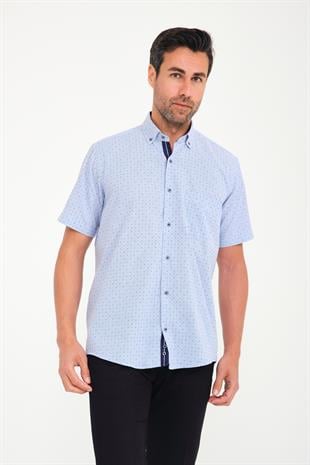 Klasik Kısa Kol Çarpı Filafil Desen Düğmeli Yaka Hediye Kutulu Erkek Gömlek FS-001215 - Koyu Lacivert