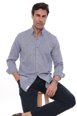Slim Fit Uzun Kol Yaka Düğmeli Nefes Alan Keten Hediye Kutulu Erkek Gömlek FS-004548 - İndigo