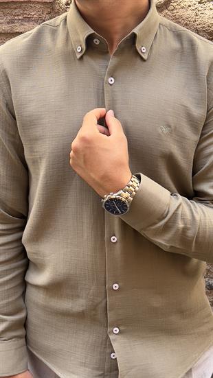 Slim Fit Uzun Kol Müslin Pamuk Rahat Nefes Alabilen Kumaştan Yaka Düğmeli Hediye Kutulu Erkek Gömlek FS-004202 - Haki
