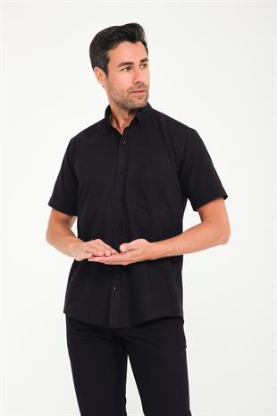 Klasik Kısa Kol Linen Keten Yaka Düğmeli Hediye Kutulu Erkek Gömlek FS-001202 - Siyah