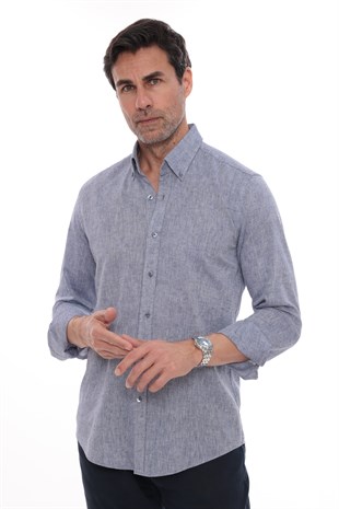 Slim Fit Uzun Kol Yaka Düğmeli Nefes Alan Keten Hediye Kutulu Erkek Gömlek FS-004548 - İndigo