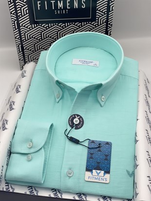 Slim Fit Uzun Kol Müslin Pamuk Rahat Nefes Alabilen Kumaştan Yaka Düğmeli Hediye Kutulu Erkek Gömlek FS-004202 - Mint