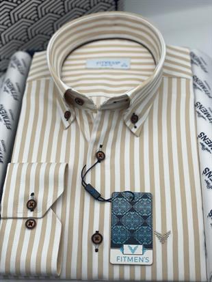 Slim Fit Uzun Kol Likralı Çizgili Yaka Düğmeli Hediye Kutulu Erkek Gömlek FS-003669 - Bej