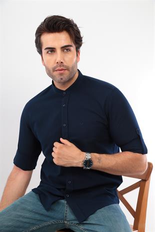Hakim Yaka Slim Fit Keten Hediye Kutulu Erkek Gömlek FS-003042 - Lacivert