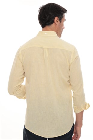Slim Fit Uzun Kol Yaka Düğmeli Nefes Alan Keten Hediye Kutulu Erkek Gömlek FS-004548 - Sarı