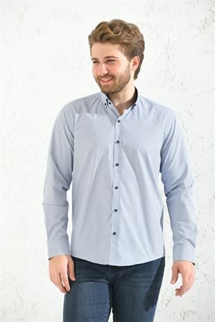 Slim Fit Uzun Kol Pöti Kareli Yaka Düğmeli Hediye Kutulu Erkek Gömlek FS-001373 - Gri