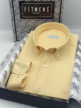 Slim Fit Uzun Kol Pamuklu Hediye Kutulu Kolay Ütülenebilir Erkek Gömlek FS-002225 - Sarı