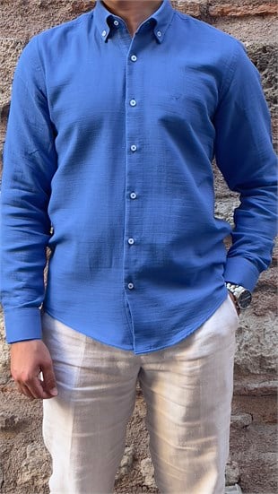 Slim Fit Uzun Kol Müslin Pamuk Rahat Nefes Alabilen Kumaştan Yaka Düğmeli Hediye Kutulu Erkek Gömlek FS-004202 - Saks Mavi