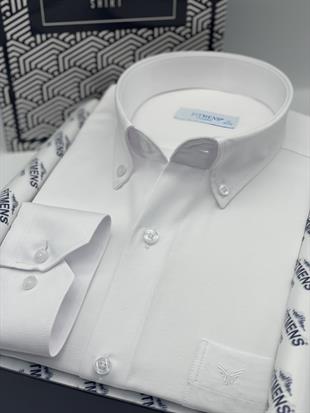 Klasik Uzun Kol Pamuklu Yaka Düğmeli Hediye Kutulu Kolay Ütülenebilir Erkek Gömlek FS-003897 - Beyaz