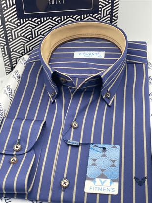Slim Fit Uzun Kol Premium Çizgili Yaka Düğmeli Hediye Kutulu Erkek Gömlek FS-004335 - Lacivert Bej