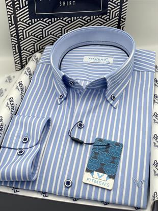 Slim Fit Uzun Kol Premium Kalın Çizgili Yaka Düğmeli Hediye Kutulu Kolay Ütülenebilir Erkek Gömlek FS-001375 - Açık Mavi