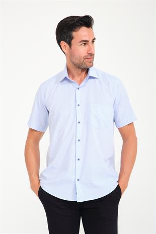 Klasik Kısa Kol Açık Zemin Kutu Desen Keten Cotton Hediye Kutulu Erkek Gömlek FS-000745 - Açık Mavi