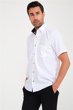 Klasik Kısa Kol V Flam Keten Hediye Kutulu Erkek Gömlek FS-001217 - Beyaz