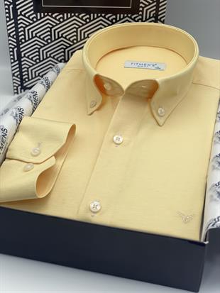 Slim Fit Uzun Kol Pamuklu Hediye Kutulu Kolay Ütülenebilir Erkek Gömlek FS-002225 - Sarı