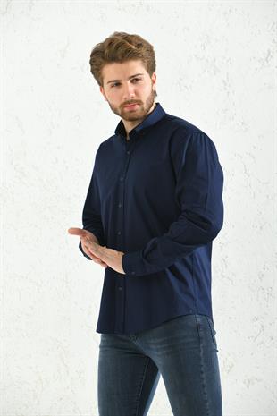 Slim Fit Uzun Kol Yıkamalı Gabardin Hediye Kutulu Erkek Gömlek FS-001364 - Koyu Lacivert