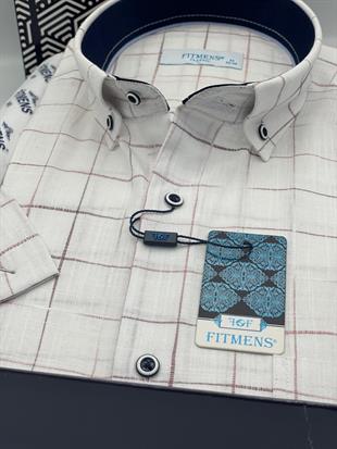Klasik Kısa Kol Kareli Keten Cotton Yaka Düğmeli Hediye Kutulu Erkek Gömlek FS-003573 - Beyaz Bordo