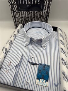 Slim Fit Uzun Kol Premium Çizgili Yaka Düğmeli Hediye Kutulu Erkek Gömlek FS-004440 - Açık Mavi