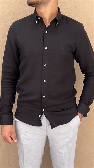 Slim Fit Uzun Kol Müslin Pamuk Rahat Nefes Alabilen Kumaştan Yaka Düğmeli Hediye Kutulu Erkek Gömlek FS-004202 - Siyah